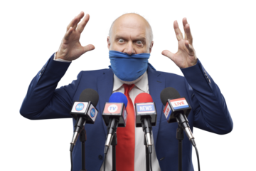 Angry politician with sealed mouth at the press conference
