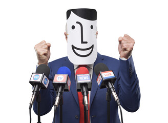 Politician wearing a fake character mask during his speech