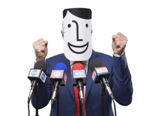 Politician wearing a fake character mask during his speech