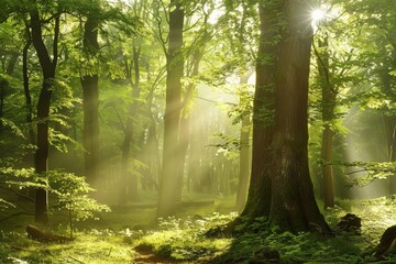 A serene woodland glen, with sunlight filtering through the trees