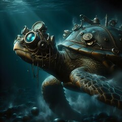 Turtle in steampunk style, cyberpunk, swims in the depths of the ocean,  Generative AI