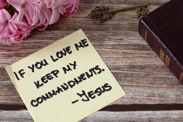 If you love Me keep My commandments, Jesus Christ, handwritten quote with ancient key, holy bible...