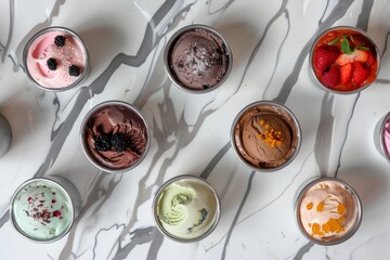 Lactose-free snack illustrations in ice textures, providing non-dairy food options that are eco-friendly and feature gelato treats.