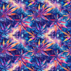 seamless pattern watercolor galactic marijuana cannabis leaves on a blue space nebula background