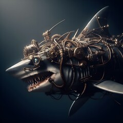 Fantasy shark in the depths of the ocean, steampunk style, Generative AI