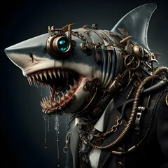 Fantasy shark in a suit, in steampunk, cyberpunk style, on a dark background,  Generative AI