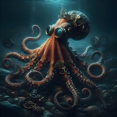 Huge octopus in steampunk style, fantasy, Generative AI