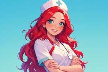 pretty anime female doctor with long red hair in medical gown folded her arms across her chest on blue background