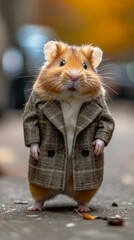 Stylish hamster navigates city streets with tailored finesse, embodying street style. The realistic urban backdrop frames this fashionable rodent, seamlessly merging small-scale charm with contemporar