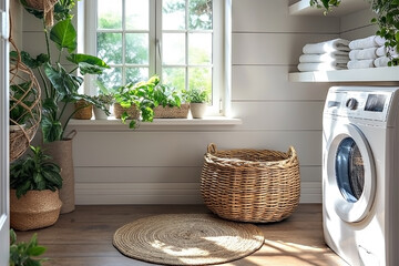 Minimalist home interior background. Cozy and rustic laundry room with white wall.