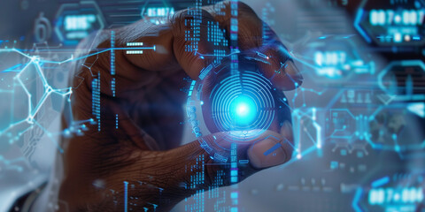 African american man hand holding the blue symbol projection in sci-fi style