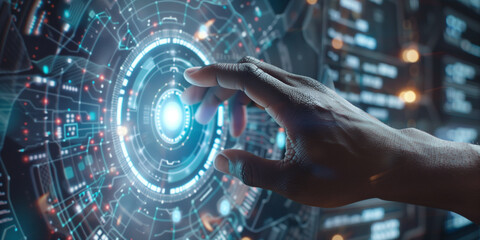 African american man hand above the blue bright button on circle panel in sci-fi style