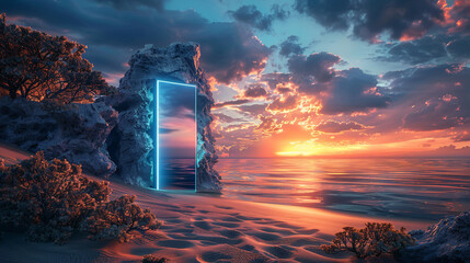 A large, glowing, neon door is in the middle of a rocky beach. The sky is filled with clouds and the sun is setting, creating a warm and inviting atmosphere.