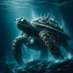 Fantasy turtle in steampunk style, cyberpunk, in the depths of the ocean, Generative AI