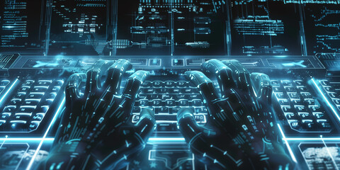 Illustration of abstract digital hands typing the text in sci-fi style