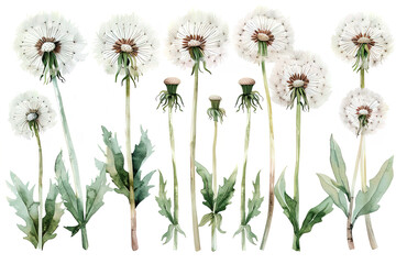 watercolor drawing set of fluffy dry dandelions flowers on white background