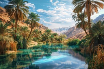 Obraz premium A tranquil desert oasis, with palm trees swaying in the breeze and a shimmering pool of water