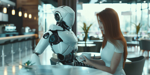 Illustration of woman in white dress pays for a cup of coffee to robot in bright and shine cafe or restaurant in sci-fi style