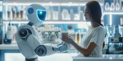 Illustration of woman in white clothes who takes a cup of coffee from robot in bright and shine cafe or restaurant in sci-fi style