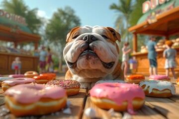 An English Bulldog National Doughnut Day festival in a picturesque park setting, with food stalls offering a delightful array of doughnuts, families and friends enjoying picnics - obrazy, fototapety, plakaty