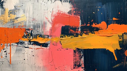 Abstract painting featuring a collision of bold strokes in vivid orange, yellow, and red tones on a textured grey background.