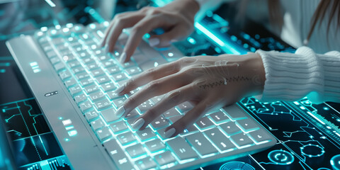Woman in white typing on white keyboard on blue screen table with different symbols in sci-fi style