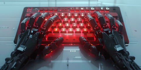 View on robot hands typing text on dark-red analog keypad on white table in sci-fi style