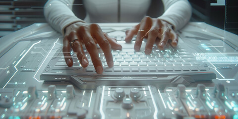 Woman hands working with white analog keyboard on control panel in sci-fi style