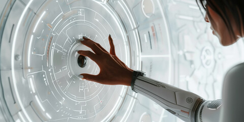Woman in white pressing on black button on the control panel in sci-fi style