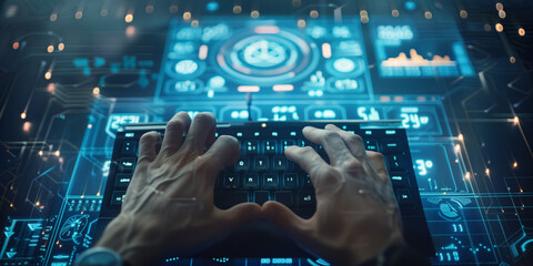 View on man hands typing on dark keyboard on dark blue screen with different bright symbols in sci-fi style