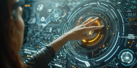 Woman pressing on yellow button on the control panel in sci-fi style