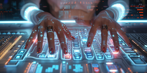 Female hands working with blue color digital keyboard on control panel in sci-fi style