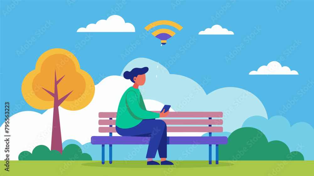 Poster a person sits on a park bench their head tilted up towards the clouds as they receive a wireless neu