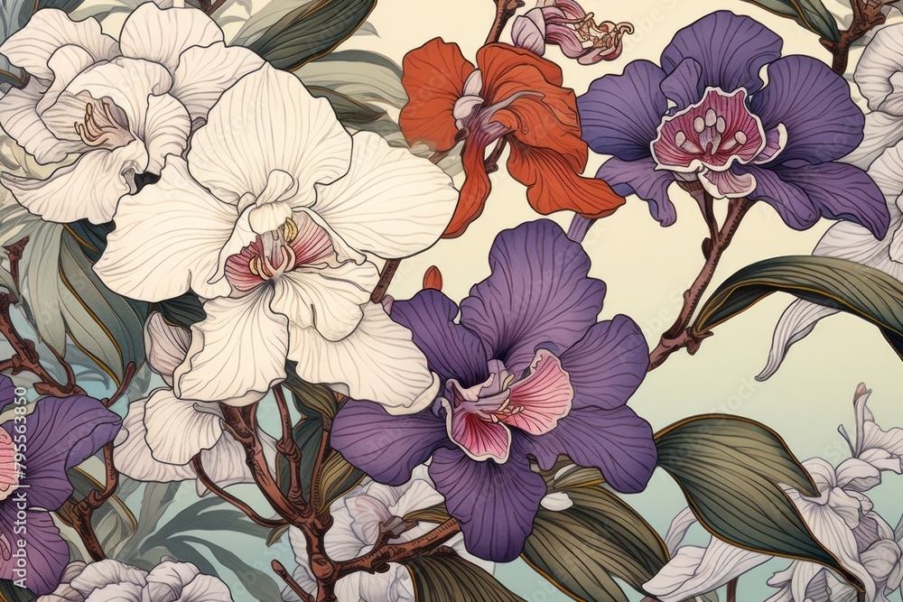 Wall mural Ukiyo-e art print style orchid backgrounds pattern flower.