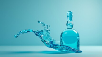 A bottle of blue curacao liqueur floating, vibrant liquid flowing out in an elegant wave, against a tropical seablue backdrop, - obrazy, fototapety, plakaty