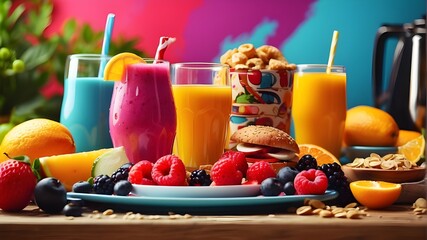 Type of Image: Artistic Image, Subject Description: A stylized artistic representation of a healthy breakfast and drinks, incorporating vibrant colors and playful compositions, Art Styles: Pop Art, Ar