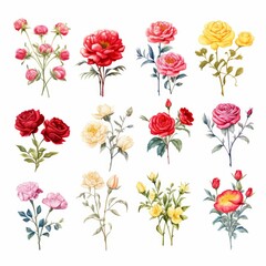 Beautiful array of watercolor roses, each bloom depicted in subtle, gentle colors, isolated against a white background, water color, drawing style, isolated clear background