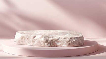 Close-up of a stone product podium set against a soft pink background, highlighting the elegant texture of the stone