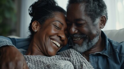 Obraz premium Close-up portrayal of a mature Black couple sharing genuine laughter at home, highlighting their successful and content life together