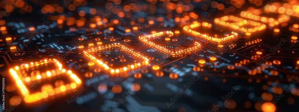 Poster a detailed macro shot of a circuit board with pathways brightly illuminated to symbolize a blockchai