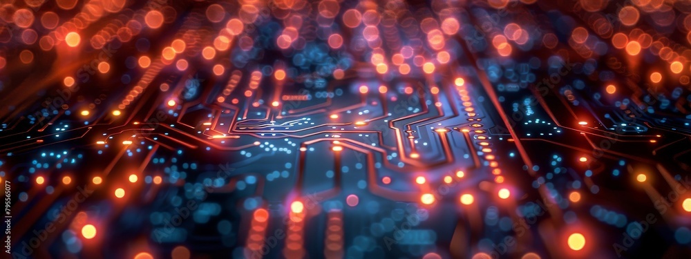 Poster a detailed macro shot of a circuit board with pathways brightly illuminated to symbolize a blockchai