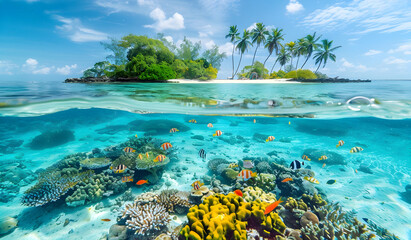 A tropical island with clear blue water and colorful coral reefs, showcasing the beauty of underwater life in an oceanic paradise