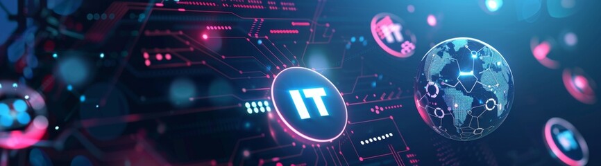 Obraz premium technology symbols on digital background with the word IT in white letters The logo includes elements such as circuit board patterns, computer mouse or keyboard Generative AI