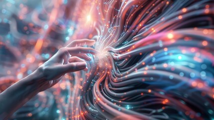 A hand is touching a colorful, glowing, and tangled mass of wires