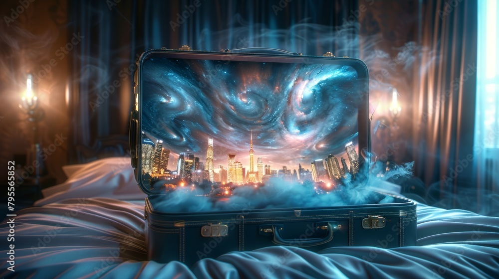 Poster a suitcase is opened to reveal a cityscape with a large cloud in the background