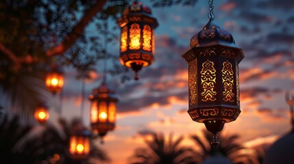 Arabic lanterns against a dusky evening sky background, heralding the arrival of Ramadan