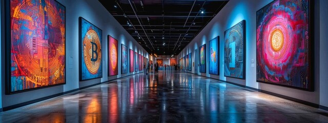 A futuristic art gallery exhibiting pieces inspired by Bitcoin and its halving phenomena. - Powered by Adobe