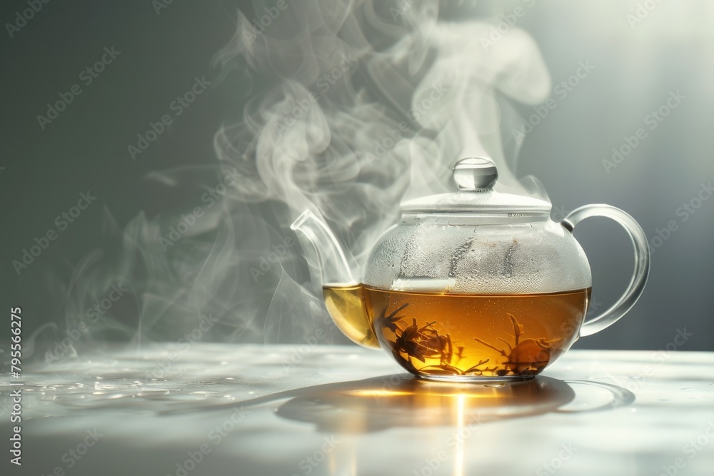 Poster a tea kettle is sitting on a table with steam coming out of it. the steam is rising and creating a h