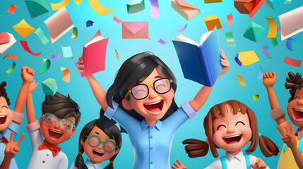A cartoon teacher is smiling holding up his book in the air while surrounded by happy students celebrating around him - obrazy, fototapety, plakaty