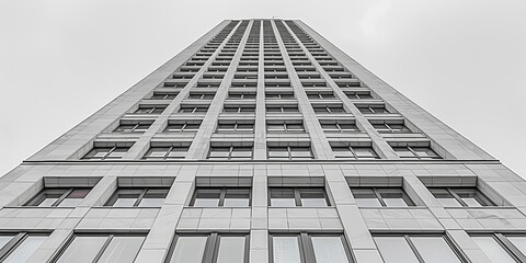 A tall building with many windows and a gray sky in the background